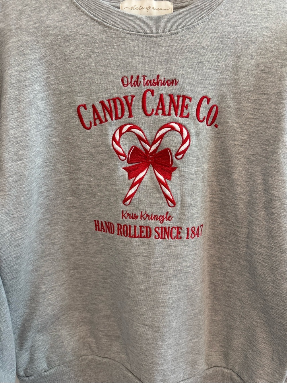 State of Mine Gray Candy Cane Embroidered Christmas Sweatshirt - Picture 2 of 4